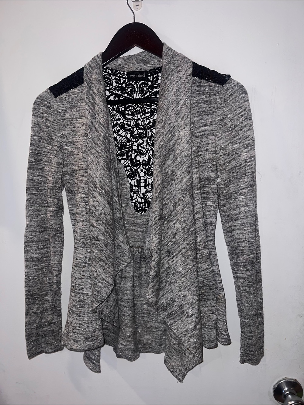 Tempted Gray Lace-Back Open Cardigan Size S - Boho Peplum Drape - Picture 2 of 5
